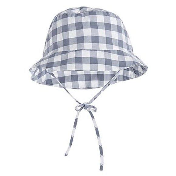 NEW jacadi Kid Baby Chapeau Cedric Gingham White Slate Bucket String Bow Knot - Picture 1 of 2